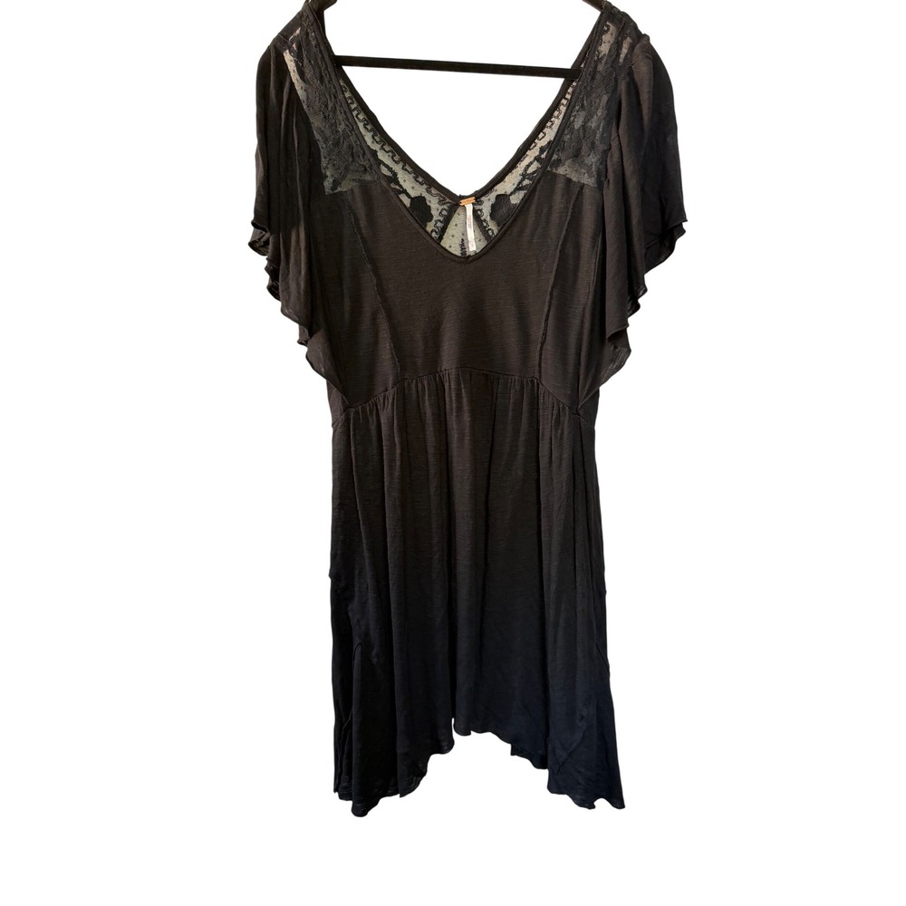 Free People Black Lace Flutter Sleeve V-Neck Mini Dress Tunic Boho large